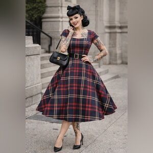 PUKAVT Women's Cocktail Party Dress Cap Sleeve 50s Retro Swing Dress Pockets L